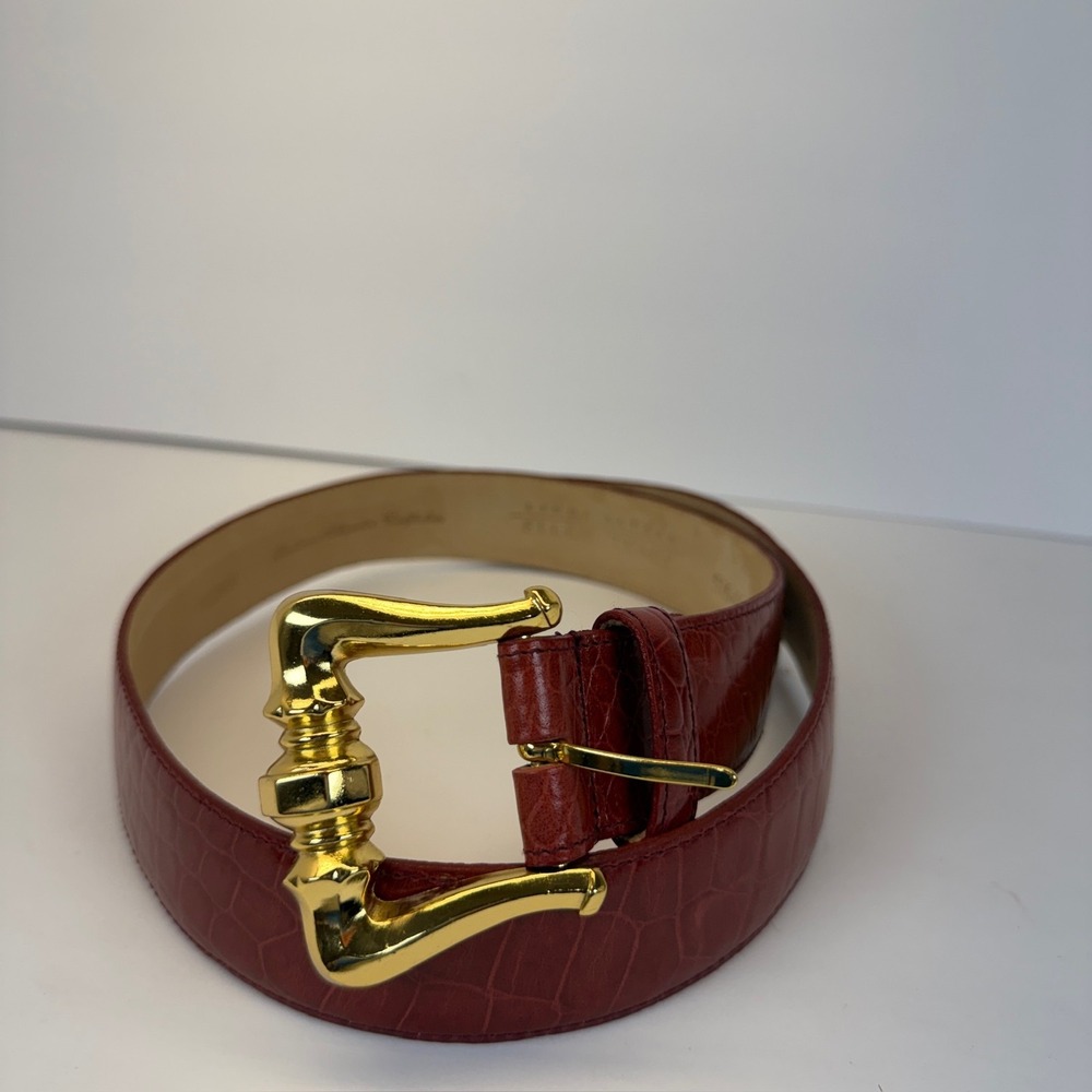 Ellen Tracy Italian‎ Alligator Calfskin Belt Gold Buckle Medium Red